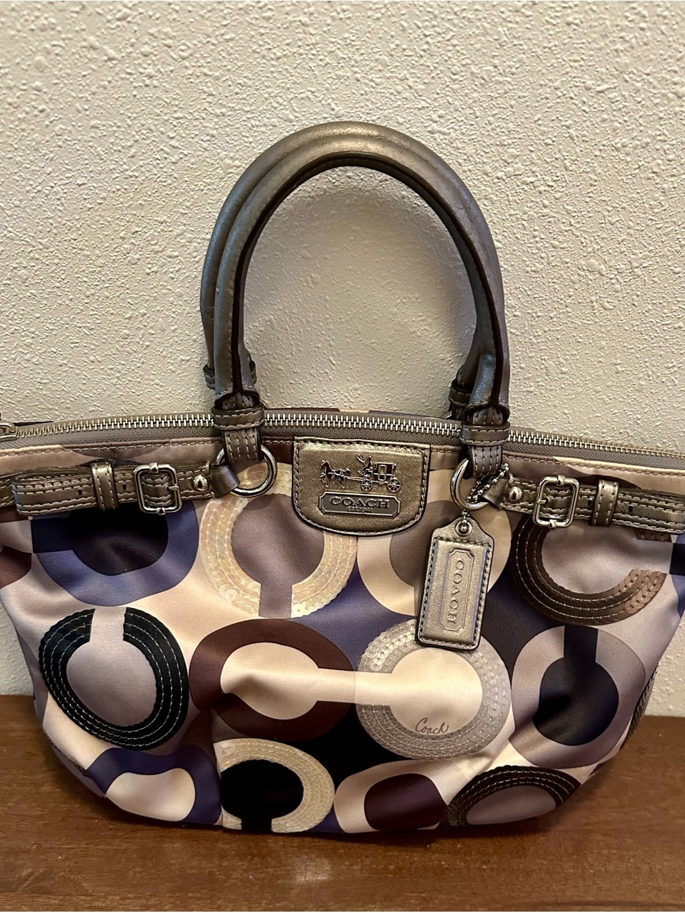 Coach Multicolor Metallic Beige and Purple Circle-Print Shoulder Bag